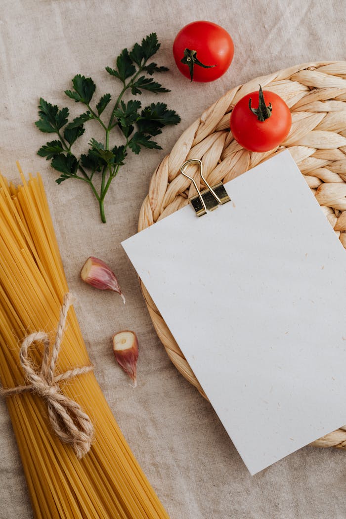 A flat lay of spaghetti, tomatoes, parsley, garlic, and blank paper, perfect for recipes.