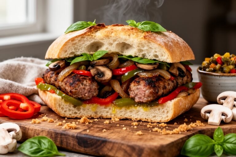 Robust Roasted Italian Sausage, Pepper, and Mushroom Sandwich