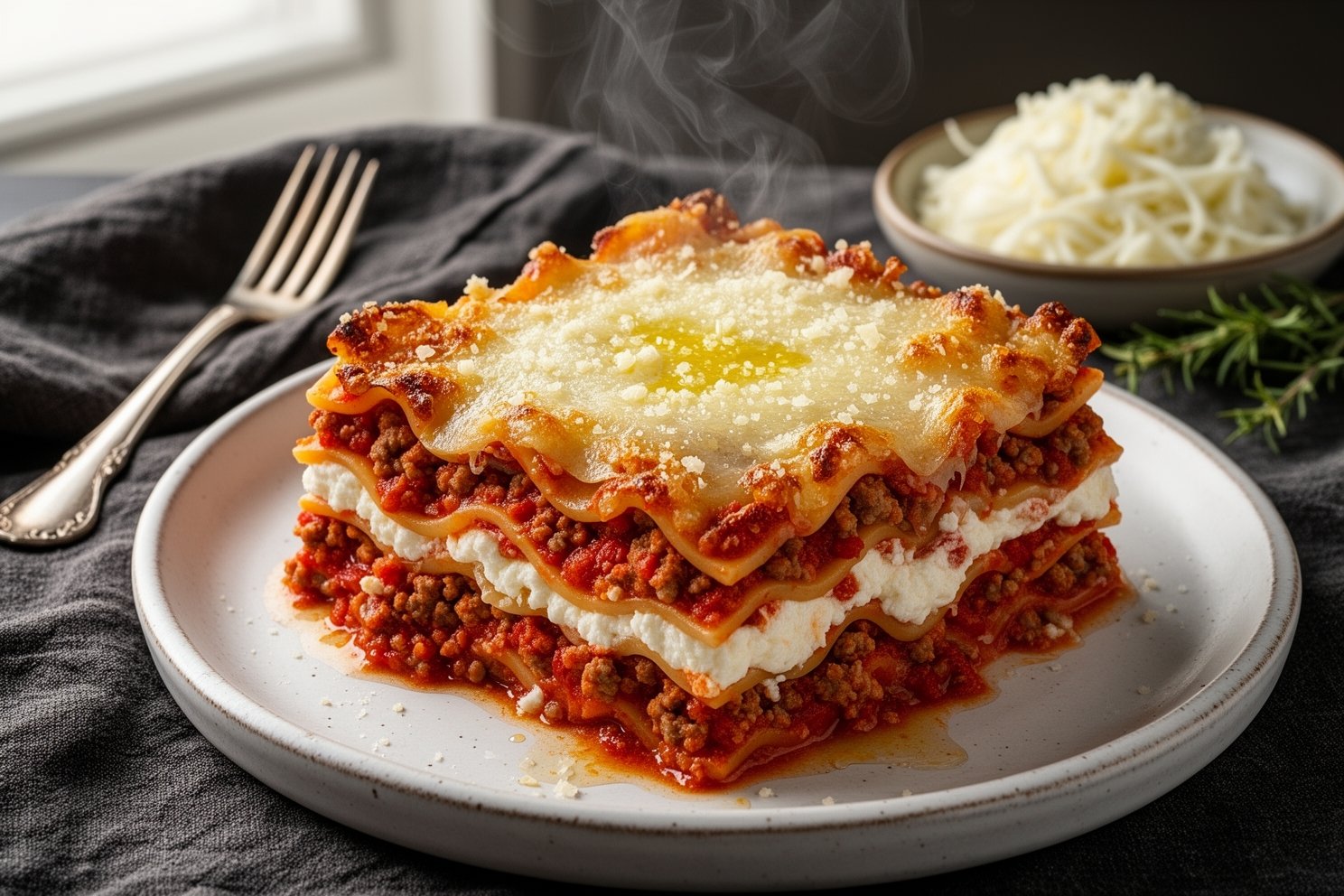 Close-up of qick sasage lasagna recipe, oven ready lasagna with sasage, homemade italian sasage pasta bake - Authentic Italian Cuisine by Gustoli