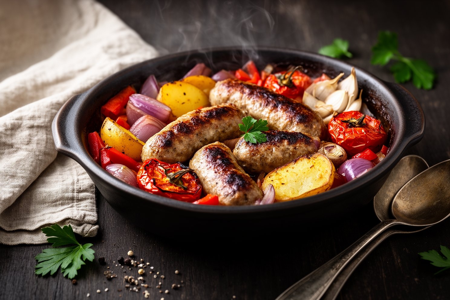 Close-up of italian sasage and potato bake, roasted sasage and veggies, easy italian sasage dinner - Authentic Italian Cuisine by Gustoli