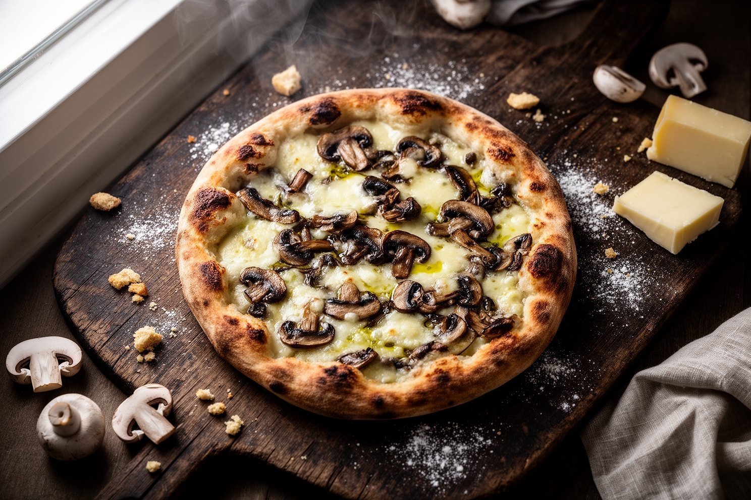 Close-up of taleggio mshroom pizza recipe, white trle pizza, gormet mshroom pizza - Authentic Italian Cuisine by Gustoli